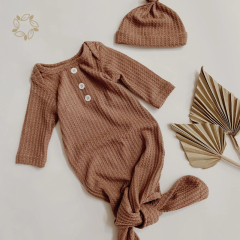 Organic Cotton waffle knotted sleep gown eco friendly baby gown and hat sustainable baby gown and hat