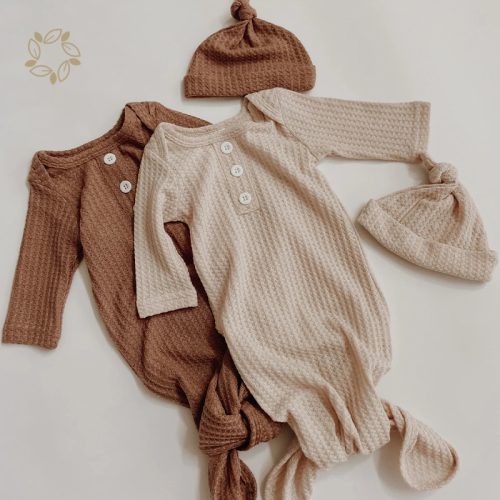 Organic Cotton waffle knotted sleep gown eco friendly baby gown and hat sustainable baby gown and hat