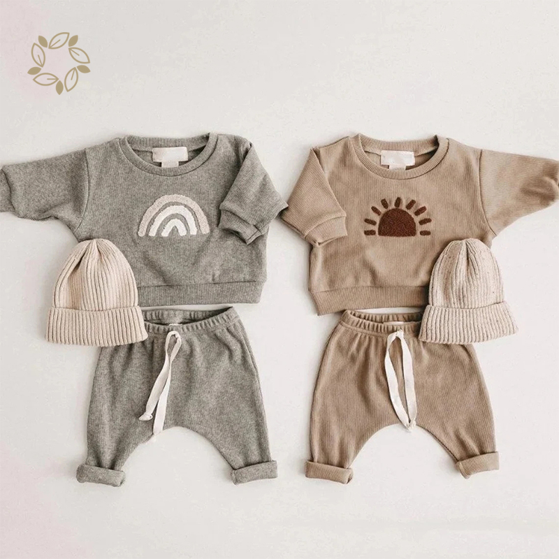 Organic bamboo ribbed baby sweat set sustainable baby sweater and pants eco friendly rainbow baby set