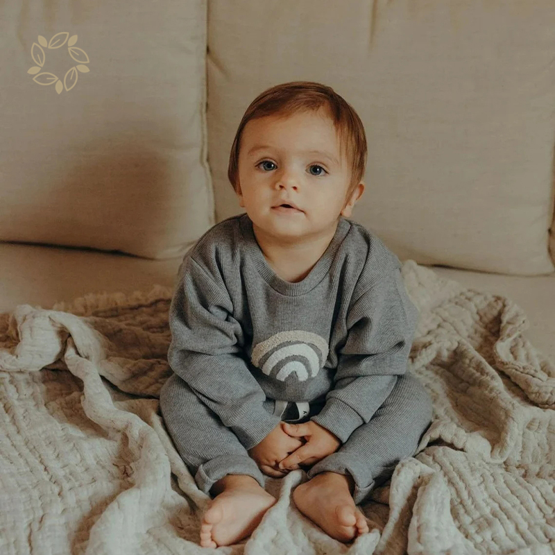 Organic bamboo ribbed baby sweat set sustainable baby sweater and pants eco friendly rainbow baby set