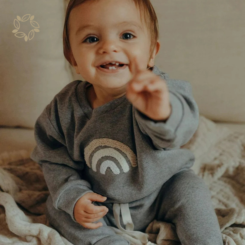 Organic bamboo ribbed baby sweat set sustainable baby sweater and pants eco friendly rainbow baby set