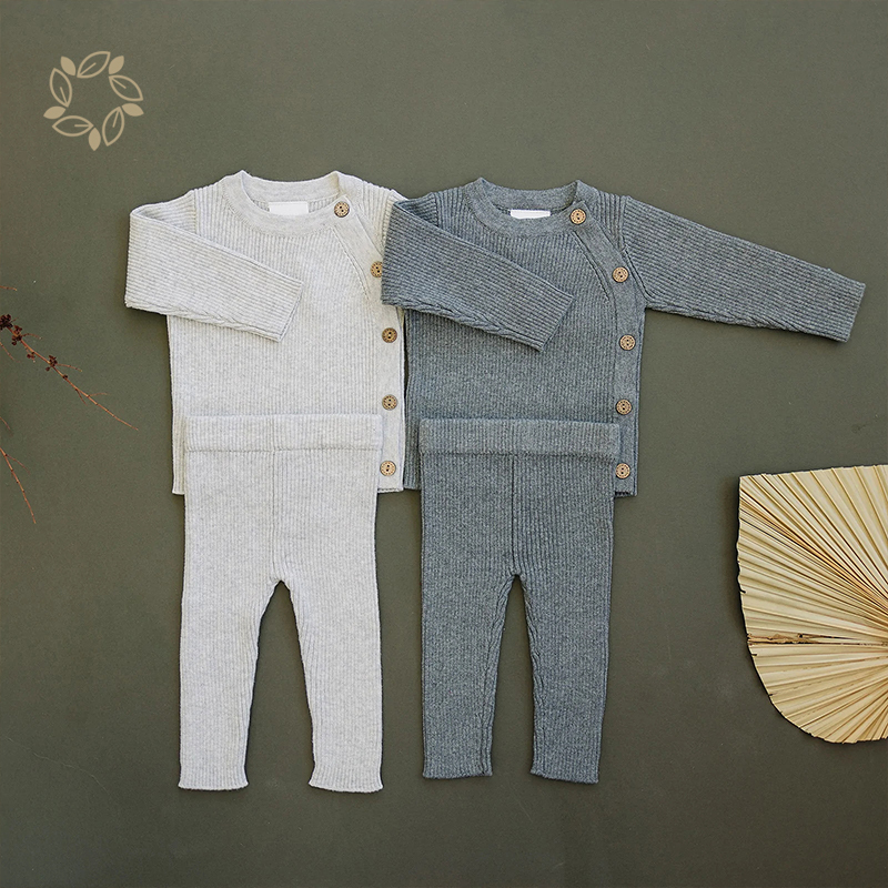 100% organic cotton ribbed knit layette set sustainable rib knit baby clothing sets eco friendly knit baby top and pants set