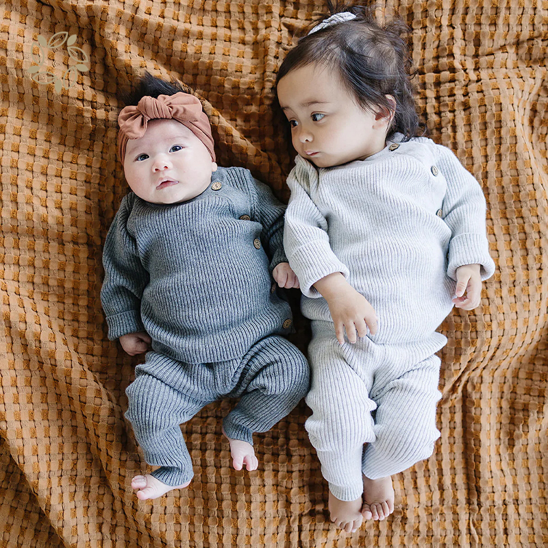 100% organic cotton ribbed knit layette set sustainable rib knit baby clothing sets eco friendly knit baby top and pants set
