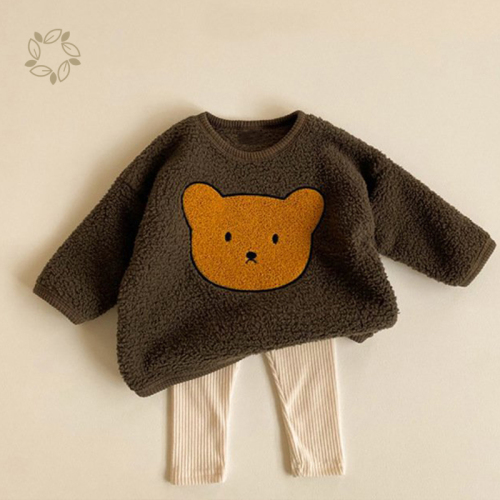 Baby bear embroidered sweatshirt eco friendly embroidered pullover for infants sustainable lambs wool sweatshirt