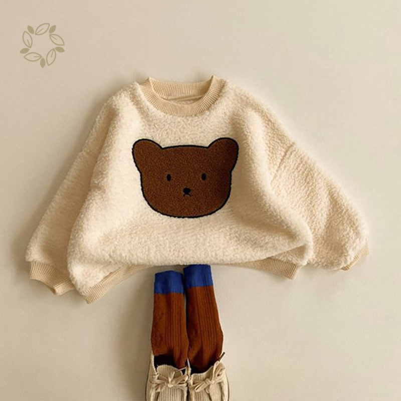 Baby bear embroidered sweatshirt eco friendly embroidered pullover for infants sustainable lambs wool sweatshirt