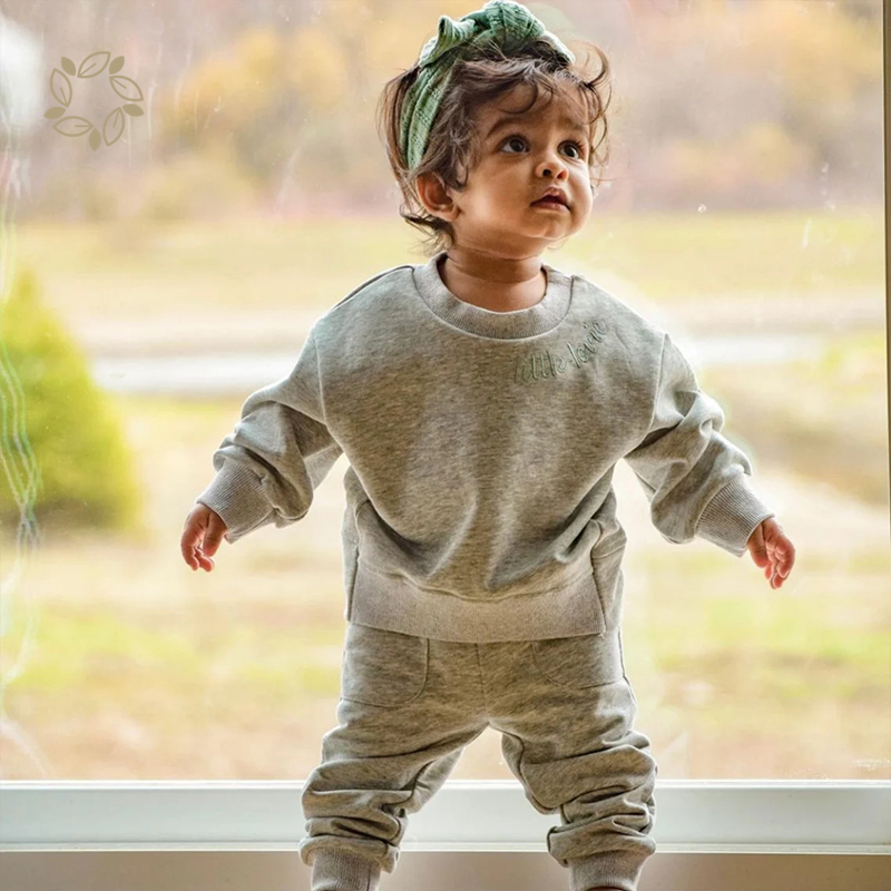 Organic cotton embroidered lounge set eco friendly baby embroidered sweatshirt set sustaianble baby clothing set