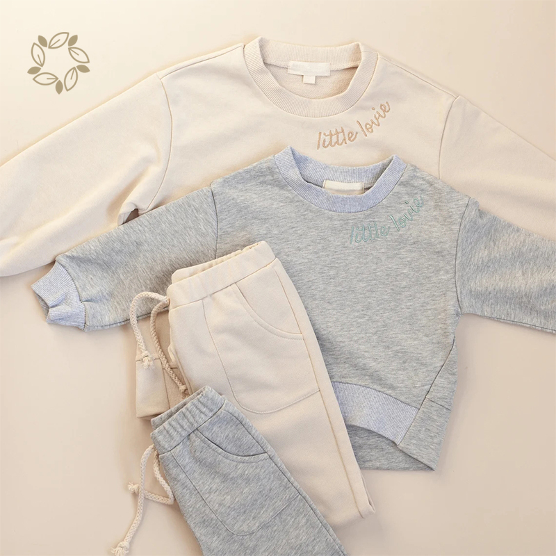 Organic cotton embroidered lounge set eco friendly baby embroidered sweatshirt set sustaianble baby clothing set