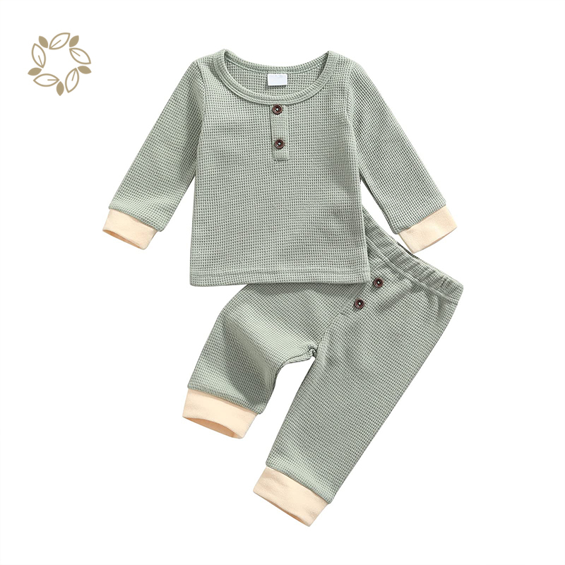 Newborn Baby Girl Boy Clothes Unisex Infant Baby Solid Outfit Waffle Top T-shirt Elastic Pant Toddler waffle Outfit