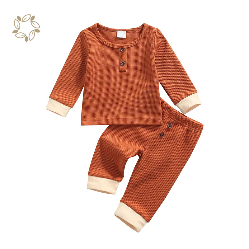 Newborn Baby Girl Boy Clothes Unisex Infant Baby Solid Outfit Waffle Top T-shirt Elastic Pant Toddler waffle Outfit