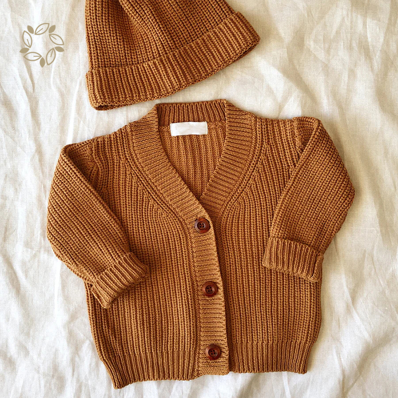 100% organic cotton yarn-dyed baby cardigan eco friendly toddler rib knit v-neck sweater sustainable cardigan baby