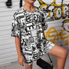 Girls Print Drop Shoulder Tee & Shorts bamboo viscose Kids girl Outfit eco-friendly children short sleeve top and Shorts