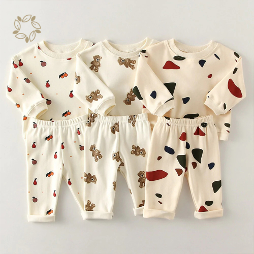 Sustainable newborn crew necks organic cotton colorful print sweatshirt pants set eco friendly baby sweatshirt and jogger