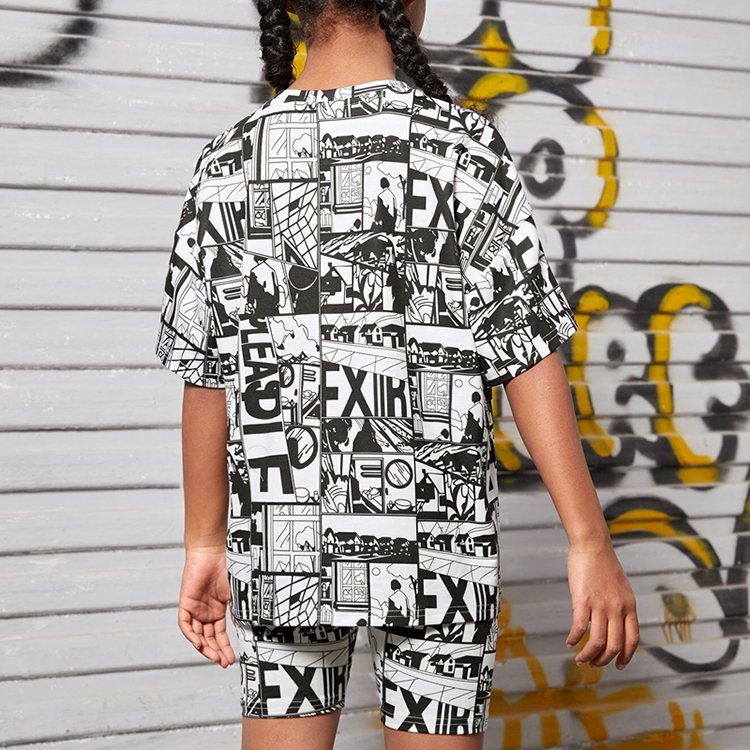 Girls Print Drop Shoulder Tee & Shorts bamboo viscose Kids girl Outfit eco-friendly children short sleeve top and Shorts