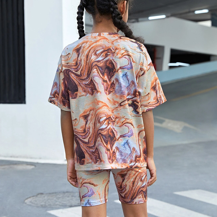 Girls Print Drop Shoulder Tee & Shorts bamboo viscose Kids girl Outfit eco-friendly children short sleeve top and Shorts