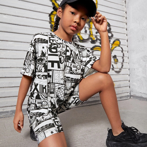 Girls Print Drop Shoulder Tee &amp; Shorts bamboo viscose Kids girl Outfit eco-friendly children short sleeve top and Shorts