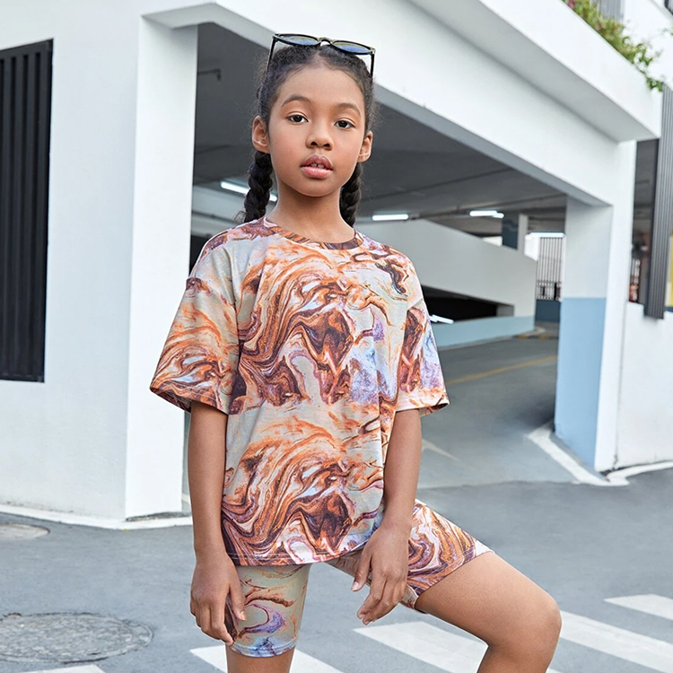 Girls Print Drop Shoulder Tee & Shorts bamboo viscose Kids girl Outfit eco-friendly children short sleeve top and Shorts