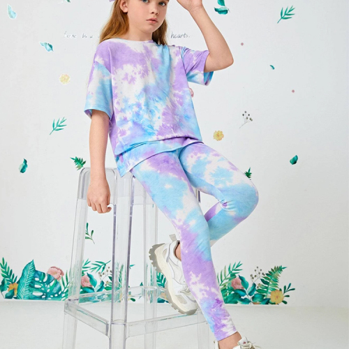 Tie dye Girls Drop Shoulder Top &amp; pant set bamboo viscose Girls Tie Dye Tee &amp; Leggings eco-friendly girl short sets
