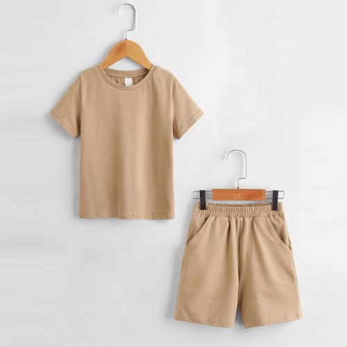 Organic cotton Baby shorts set Toddler Boys Drop Shoulder Solid Top &amp; Track Shorts Set Short sleeve toddler top and shorts