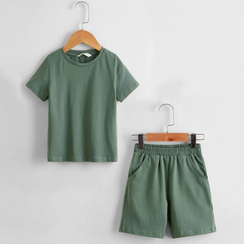 Eco-friendly kids clothing set Boys Drop Shoulder Solid Top &amp; Track Shorts Set Organic cotton Boys t shirt and shorts