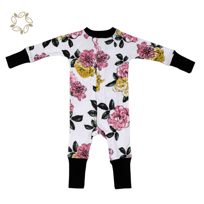 Organic cotton long sleeve snap romper eco friendly baby snap romper sustainable infant button sleepsuit