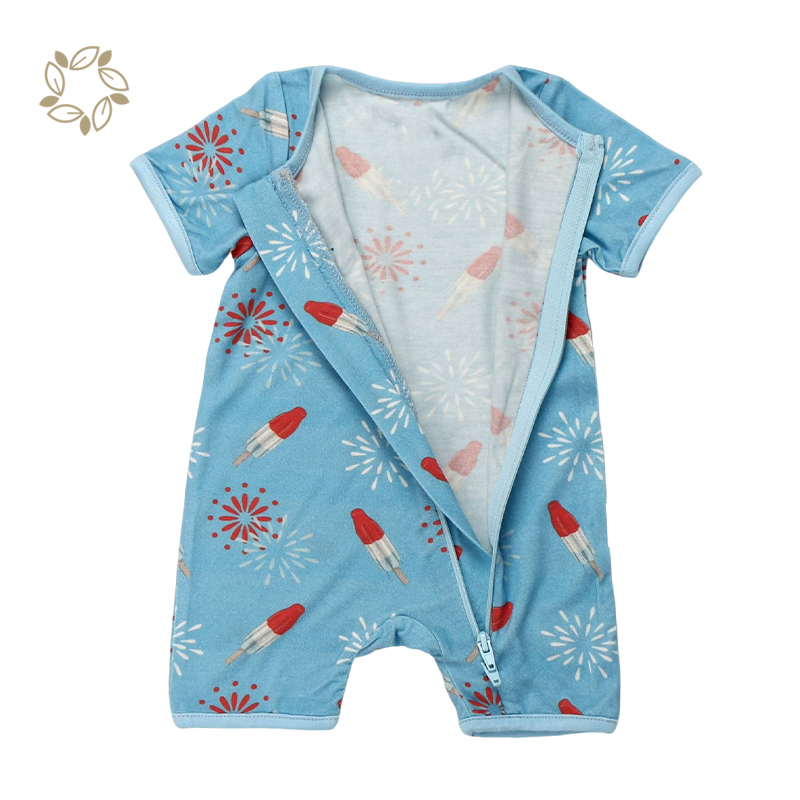 Eco friendly custom print sleepsuit for newborn organic baby lounge romper shorts sustainable newborn sleeper with zipper