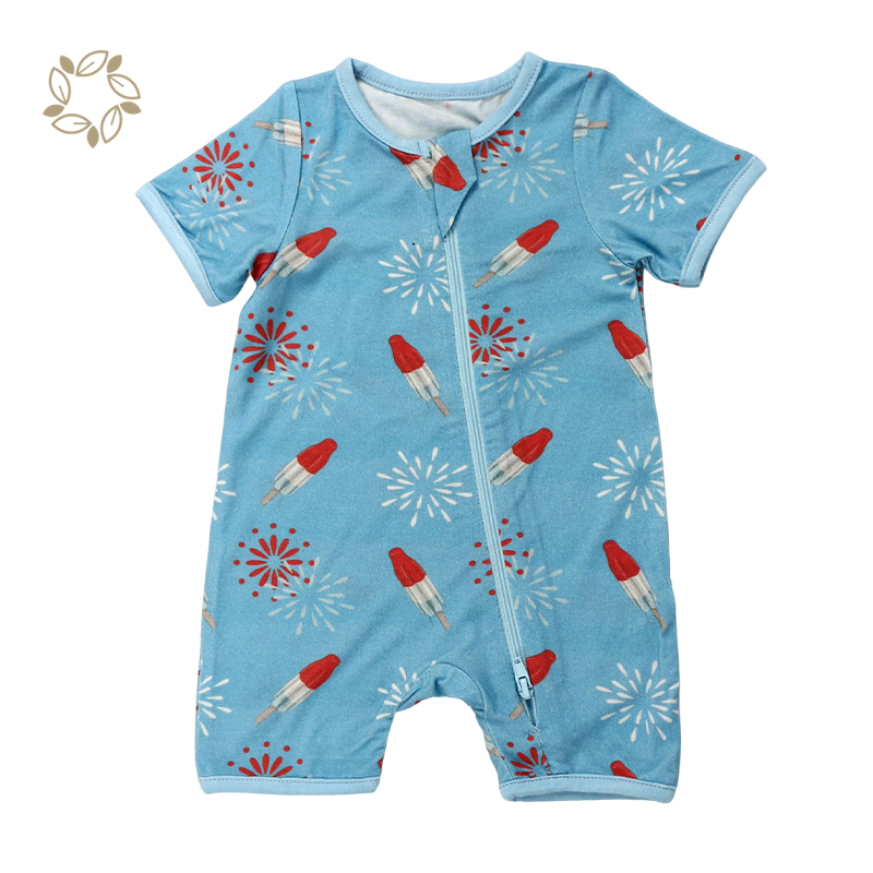 Eco friendly custom print sleepsuit for newborn organic baby lounge romper shorts sustainable newborn sleeper with zipper