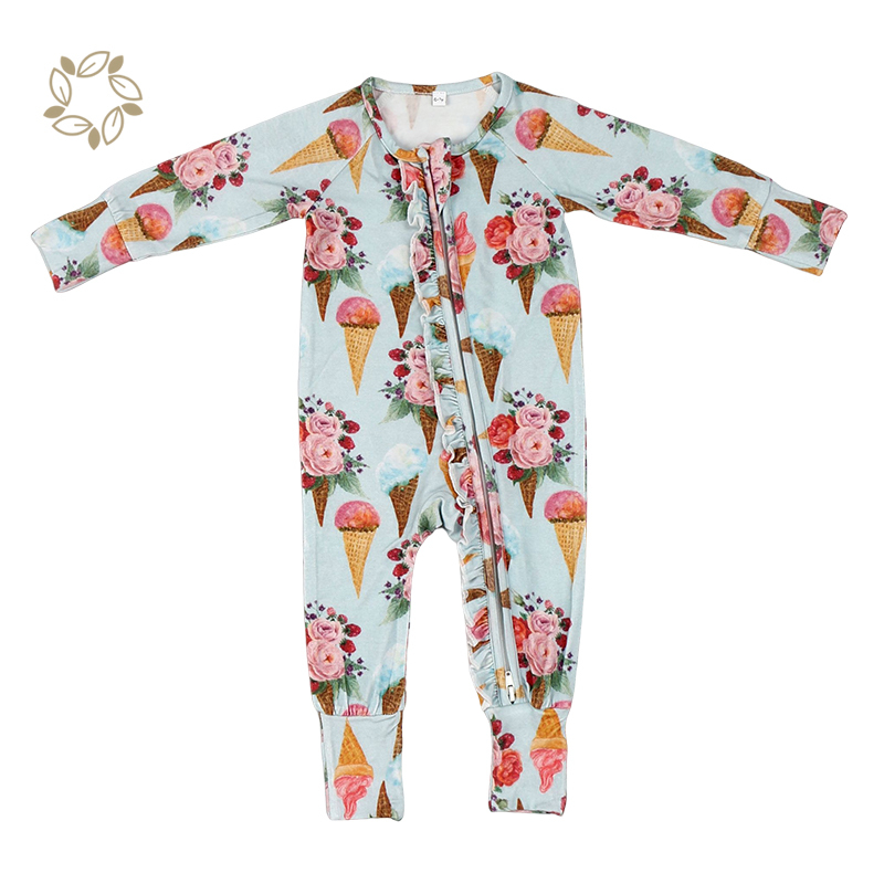 Organic bamboo ruffler romper for newborn sustainable baby ruffle romper eco friendly zippered infant rompers