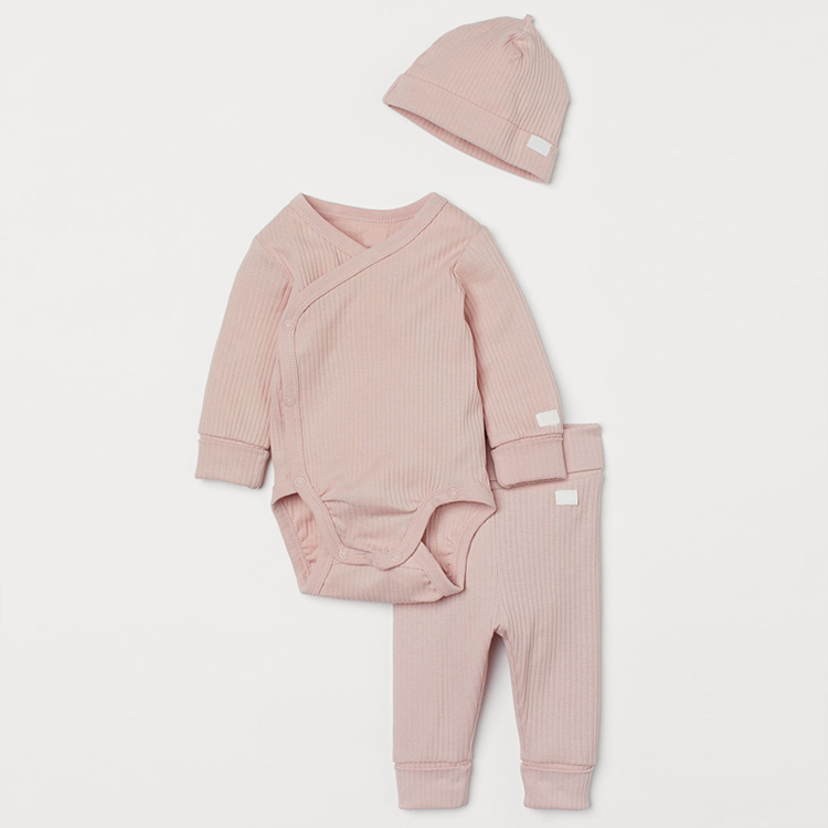 Long-sleeved wrapover bodysuit with snap organic cotton baby pajama set Baby Ribbed top and pant