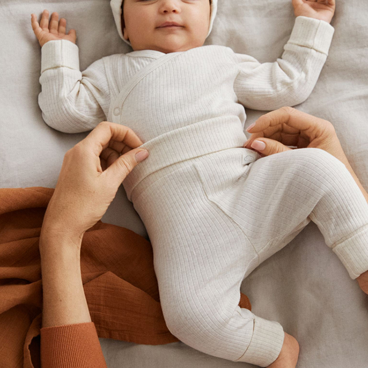 Long-sleeved wrapover bodysuit with snap organic cotton baby pajama set Baby Ribbed top and pant