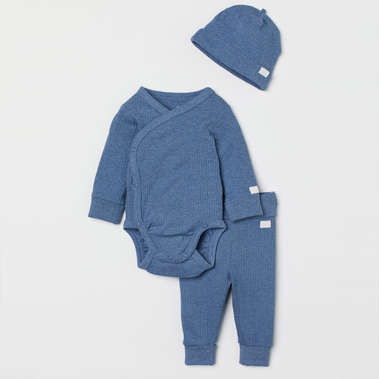 Baby Boys Night Suit Oatmeal Wide Rib Henley 3-Piece Pyjama Set with Cap