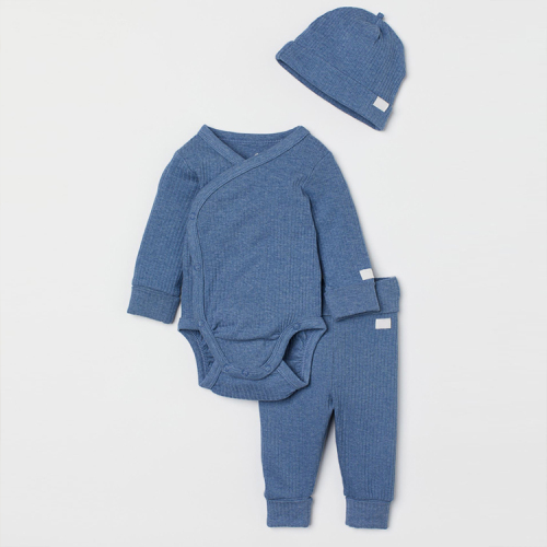 Long Sleeve Newborn pyjama and hat Organic cotton bodysuit with snap and pant Baby Ribbed pajama set