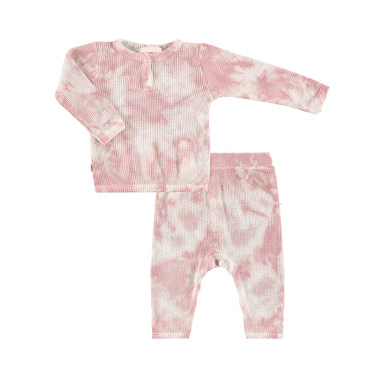 Tie dye HENLEY T-Shirt & Leggings Set organic cotton waffle children Loungewear Soft Thermal kids sleepwear