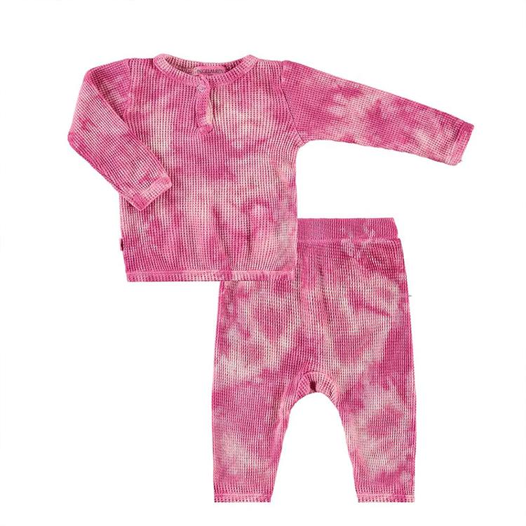 Tie dye HENLEY T-Shirt & Leggings Set organic cotton waffle children Loungewear Soft Thermal kids sleepwear