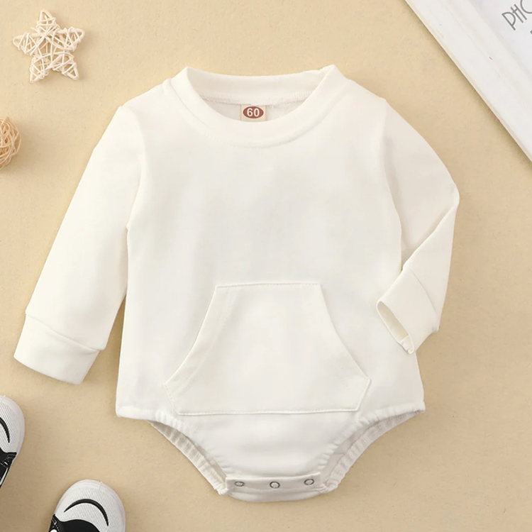 Eco-friendly Baby Sweatshirt Romper Crew Neck Front Pocket Bodysuit Solid Color Infant Organic Cotton jumpsuit