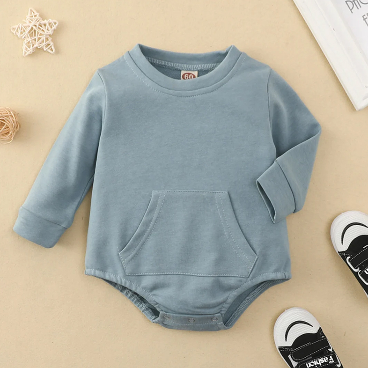 Eco-friendly Baby Sweatshirt Romper Crew Neck Front Pocket Bodysuit Solid Color Infant Organic Cotton jumpsuit