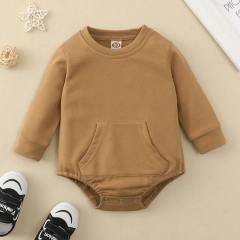 Eco-friendly Baby Sweatshirt Romper Crew Neck Front Pocket Bodysuit Solid Color Infant Organic Cotton jumpsuit
