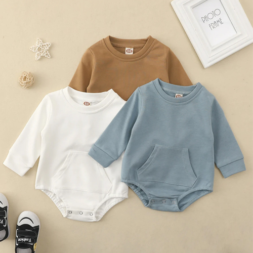 Eco-friendly Baby Sweatshirt Romper Crew Neck Front Pocket Bodysuit Solid Color Infant Organic Cotton jumpsuit