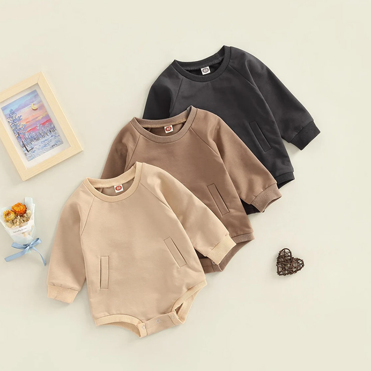 Eco-friendly Baby Sweatshirt Romper Crew Neck Front Pocket Bodysuit Solid Color Infant Organic Cotton jumpsuit