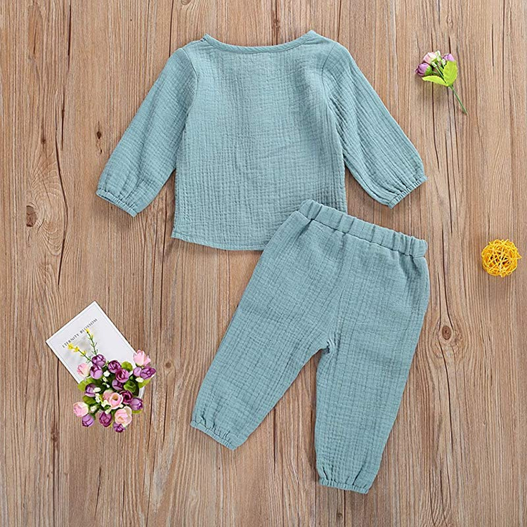 kids muslin Cotton Linen Pants Set Long Sleeve toddler top and pant children Solid color T Shirt Drawstring Elastic Waist Pants