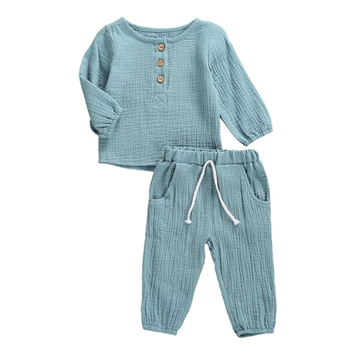 kids muslin Cotton Linen Pants Set Long Sleeve toddler top and pant children Solid color T Shirt Drawstring Elastic Waist Pants