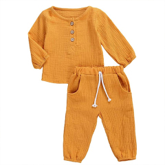 Solid color kids muslin clothing set organic cotton toddler top and pant Long Sleeve kid pullover and pant set