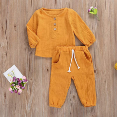 Solid color kids muslin clothing set organic cotton toddler top and pant Long Sleeve kid pullover and pant set