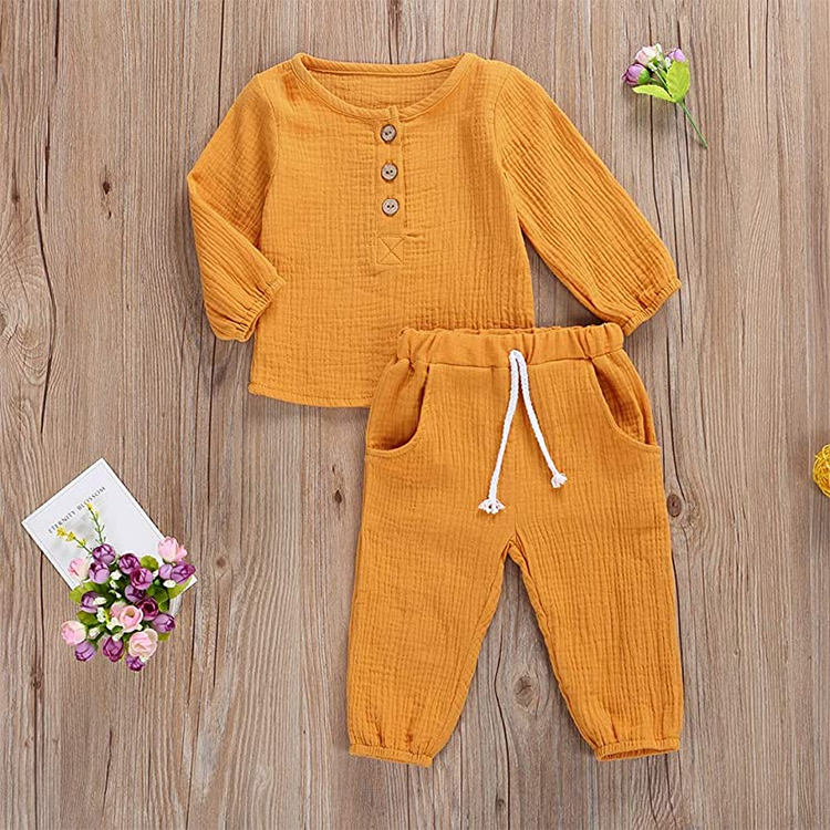 Solid color kids muslin clothing set organic cotton toddler top and pant Long Sleeve kid pullover and pant set