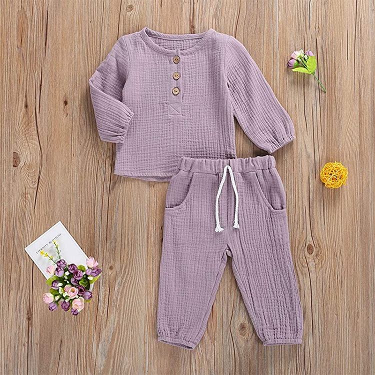 Solid color kids muslin clothing set organic cotton toddler top and pant Long Sleeve kid pullover and pant set