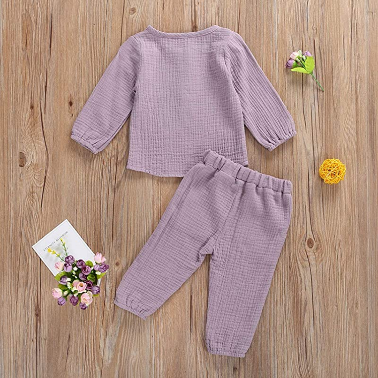 Solid color kids muslin clothing set organic cotton toddler top and pant Long Sleeve kid pullover and pant set