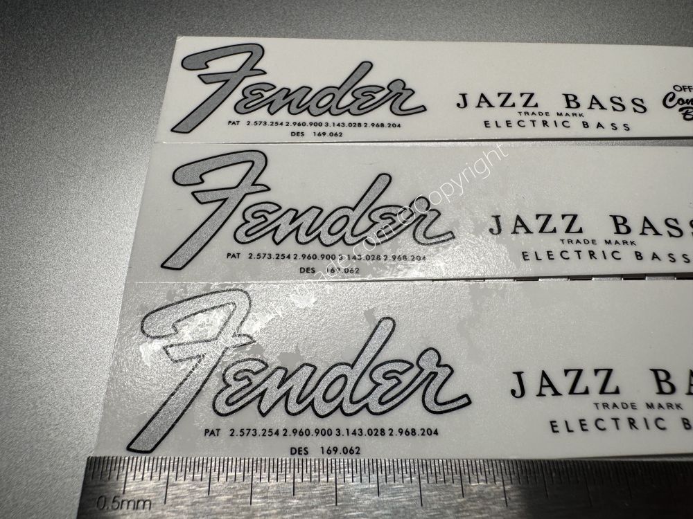 SHIP FROM CHINA !! SILVER FENDER JAZZ BASS Guitar Metallic ink Neck Headstock Decals Sticker