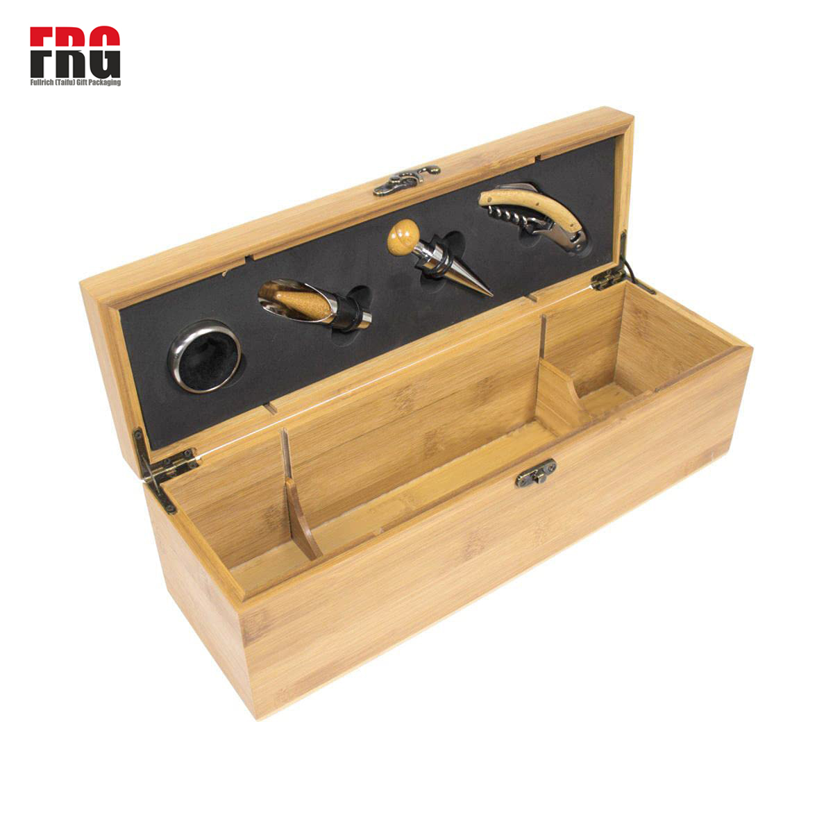 Fullrich Factory Customize Bamboo Wine Box with 4 Tools(Accessories) wood Bamboo Gift Set, elegantly, 1 Drip Ring 1 Corkscrew, 1 Wine Pourer and 1 Wine Stopper, Wood, Safe, Store wine, High quality material