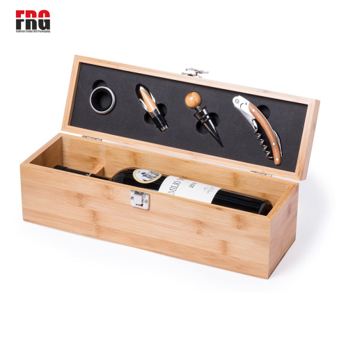 Fullrich Factory Customize Bamboo Wine Box with 4 Tools(Accessories) wood Bamboo Gift Set, elegantly, 1 Drip Ring 1 Corkscrew, 1 Wine Pourer and 1 Wine Stopper, Wood, Safe, Store wine, High quality material