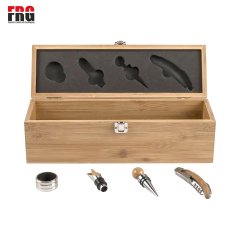 Fullrich Factory Customize Bamboo Wine Box with 4 Tools(Accessories) wood Bamboo Gift Set, elegantly, 1 Drip Ring 1 Corkscrew, 1 Wine Pourer and 1 Wine Stopper, Wood, Safe, Store wine, High quality material