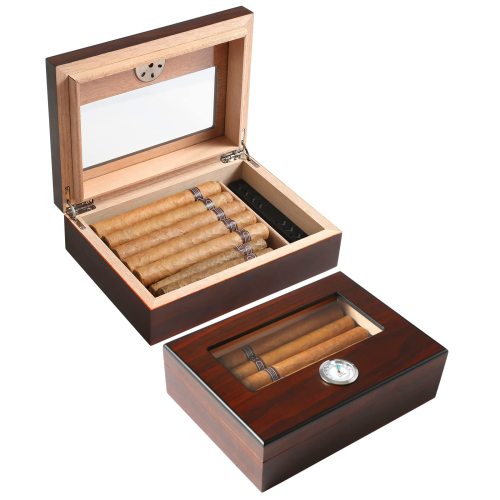 Fullrich Factory Customize OEM/ODM Cigar Humidor box Glass Top Cigar Box with Hygrometer Humidifier and Divider, Desktop Cedar Wood Storage Case Holds 20-30 Cigars